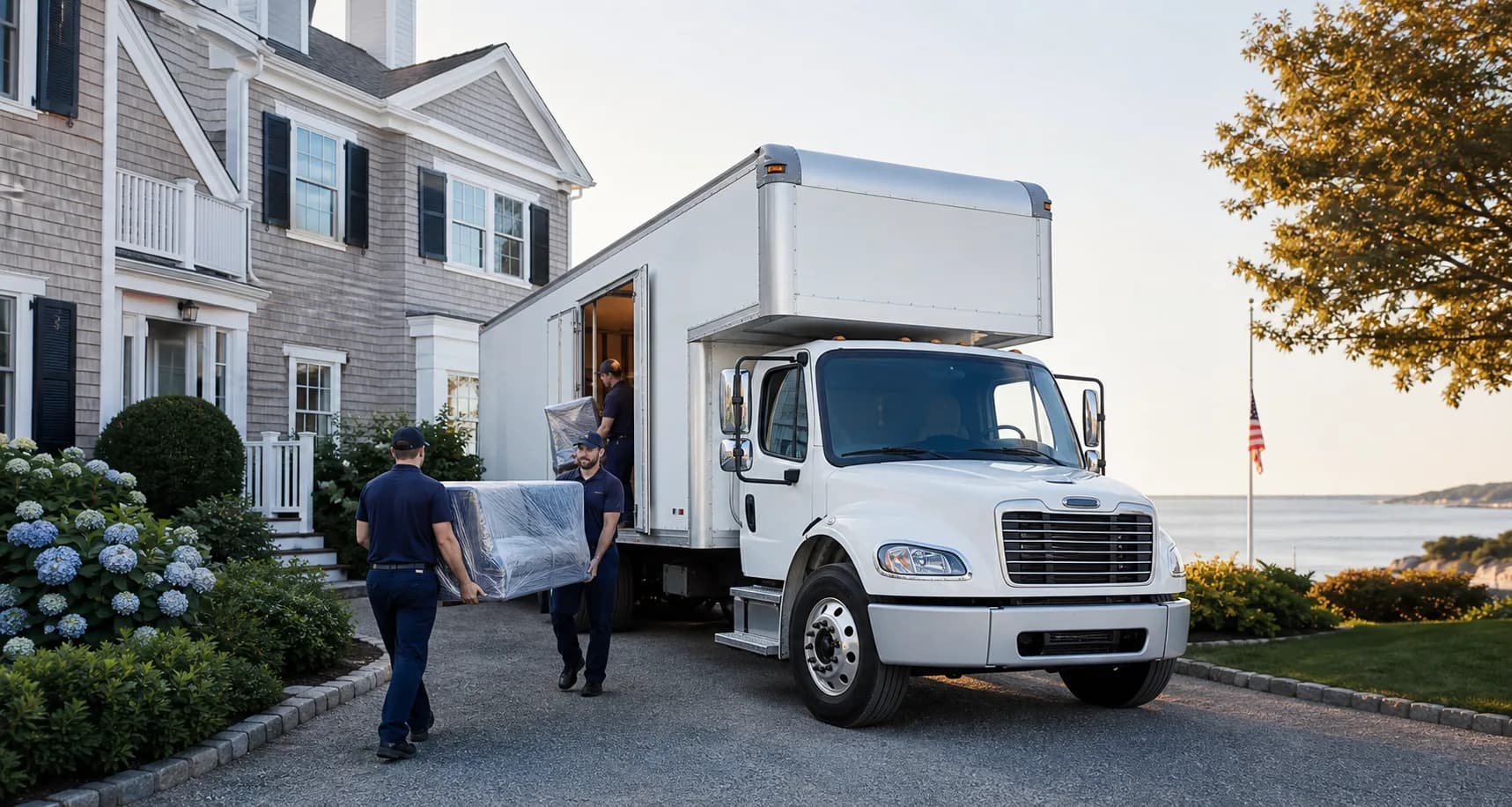 Professional movers loading wrapped furniture into a white moving truck outside a coastal New England home